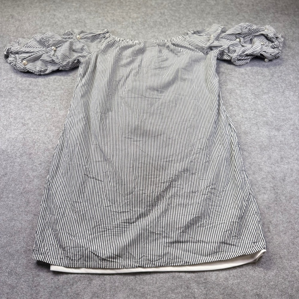 MSK Tunic Top Womens Medium Blue Excellent Pearl Sleeve Striped Off Shoulder